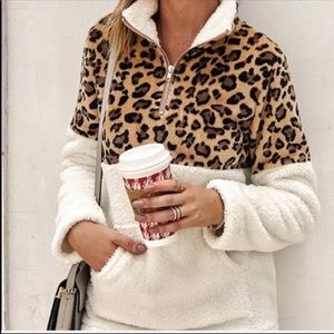 Leopard and White Fleece Half Zip Pullover Jacket